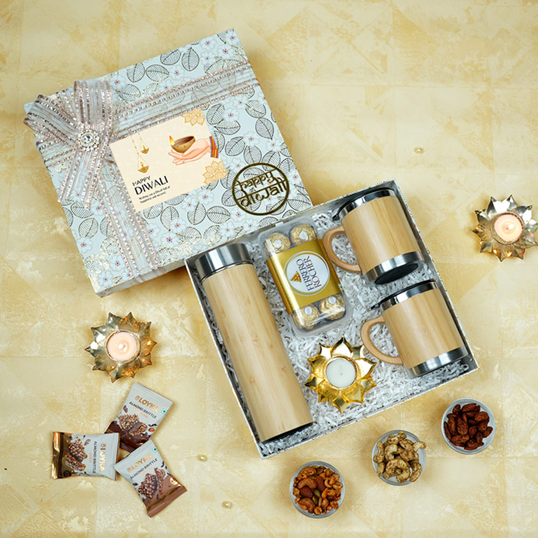 Festive Corporate Diwali Gift Hamper - Bamboo Bottle, Mugs & Chocolates